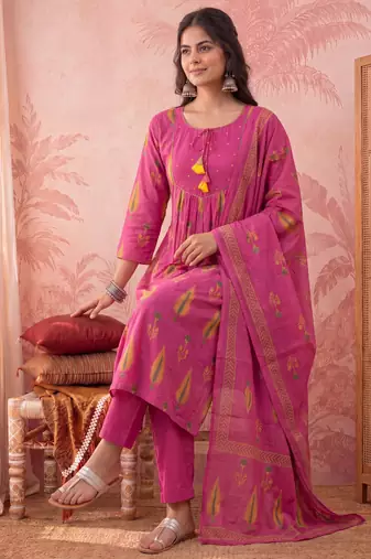pink cotton kantha work sequins work anarkali kurta dupatta pant set