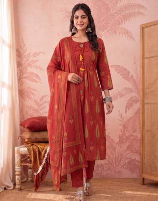 rust cotton kantha work sequins work anarkali kurta dupatta pant set 1