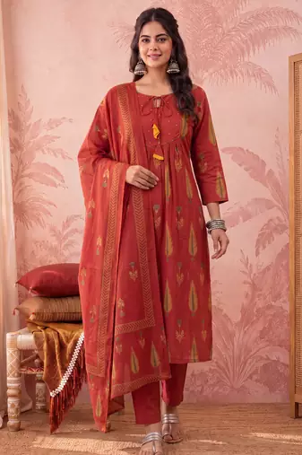 rust cotton kantha work sequins work anarkali kurta dupatta pant set