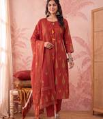 rust cotton kantha work sequins work anarkali kurta dupatta pant set
