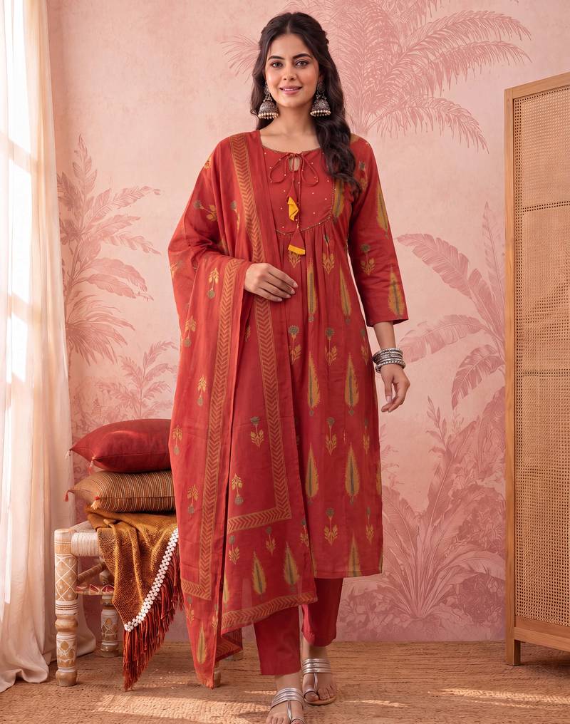 rust cotton kantha work sequins work anarkali kurta dupatta pant set