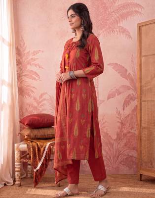 rust cotton kantha work sequins work anarkali kurta dupatta pant set 2