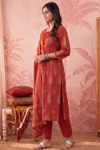 rust cotton kantha work sequins work anarkali kurta dupatta pant set