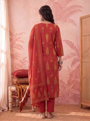 rust cotton kantha work sequins work anarkali kurta dupatta pant set 3