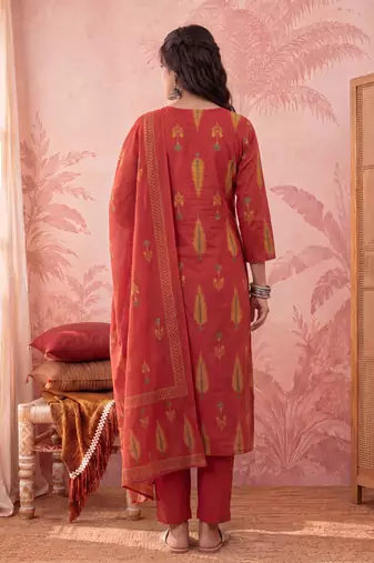 rust cotton kantha work sequins work anarkali kurta dupatta pant set