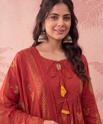 rust cotton kantha work sequins work anarkali kurta dupatta pant set 4
