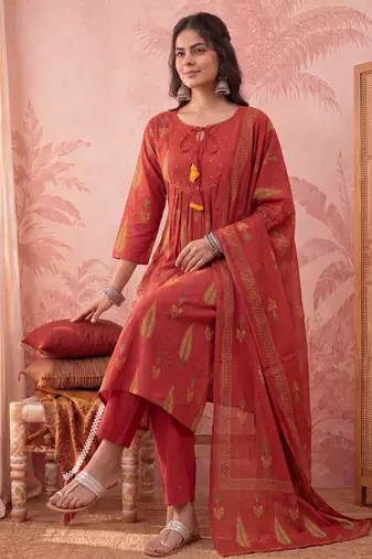 rust cotton kantha work sequins work anarkali kurta dupatta pant set