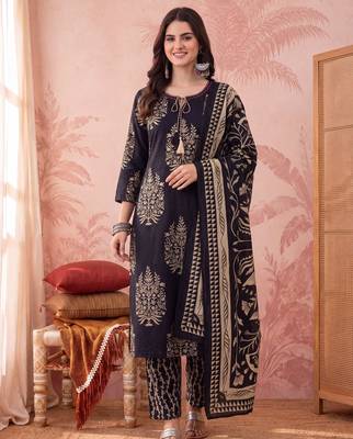Yufta black straight pure cotton kantha work kurta trouser dupatta set 1