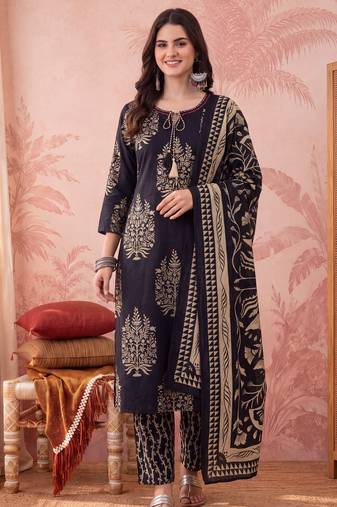 Yufta black straight pure cotton kantha work kurta trouser dupatta set