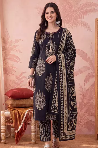Yufta black straight pure cotton kantha work kurta trouser dupatta set