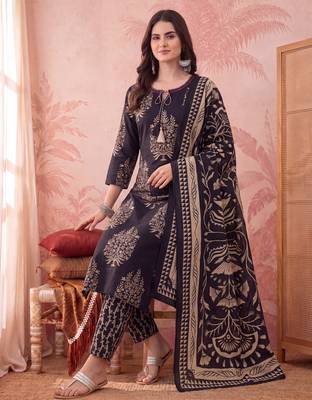 Yufta black straight pure cotton kantha work kurta trouser dupatta set 2