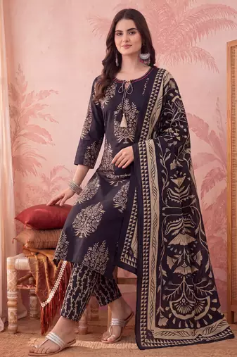 Yufta black straight pure cotton kantha work kurta trouser dupatta set