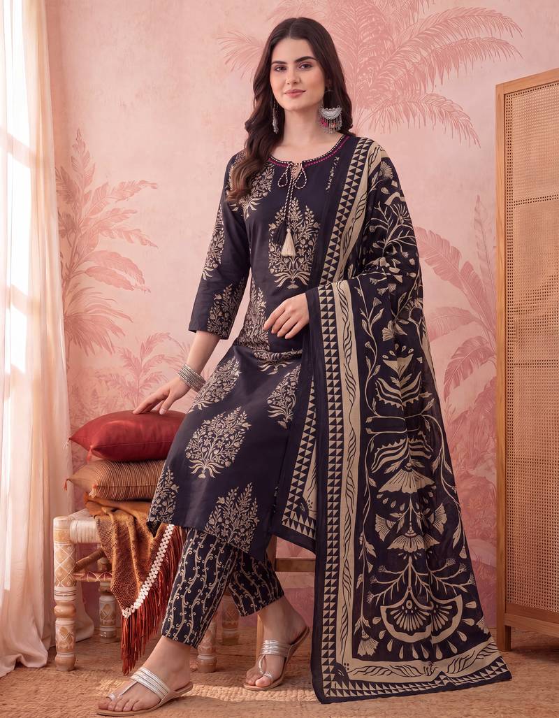 Yufta black straight pure cotton kantha work kurta trouser dupatta set