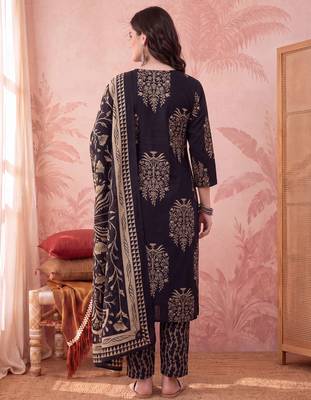 Yufta black straight pure cotton kantha work kurta trouser dupatta set 3