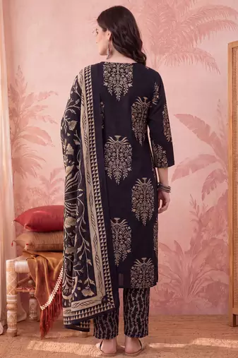 Yufta black straight pure cotton kantha work kurta trouser dupatta set