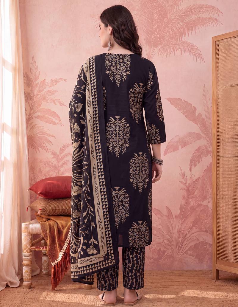 Yufta black straight pure cotton kantha work kurta trouser dupatta set