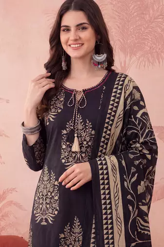 Yufta black straight pure cotton kantha work kurta trouser dupatta set
