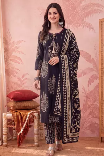 Yufta black straight pure cotton kantha work kurta trouser dupatta set