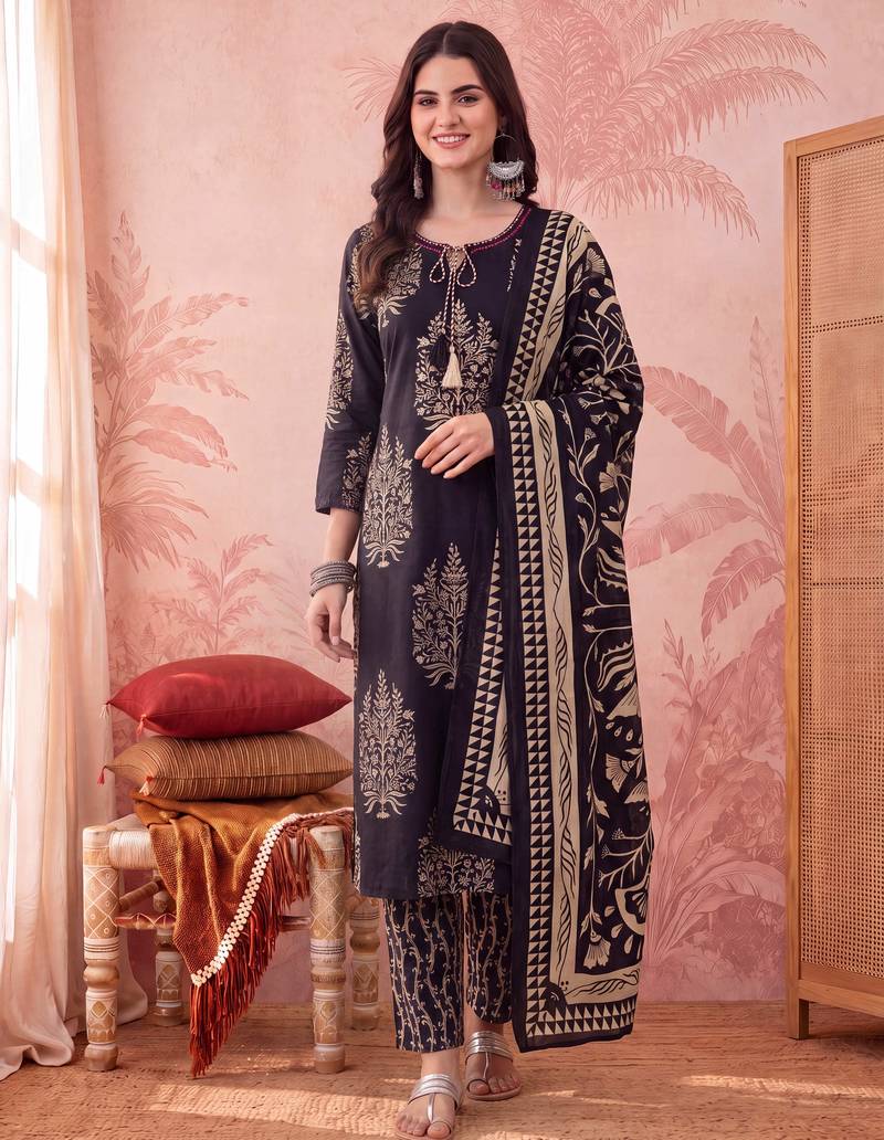 Yufta black straight pure cotton kantha work kurta trouser dupatta set
