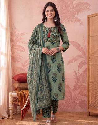 green straight cotton floral sequins work kurta trouser dupatta set 1