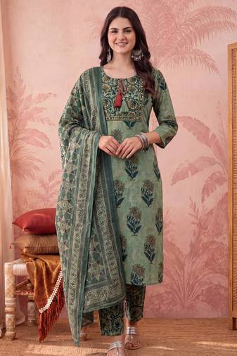 green straight cotton floral sequins work kurta trouser dupatta set