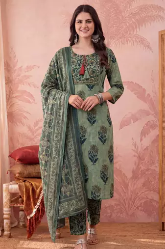 green straight cotton floral sequins work kurta trouser dupatta set