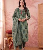 green straight cotton floral sequins work kurta trouser dupatta set