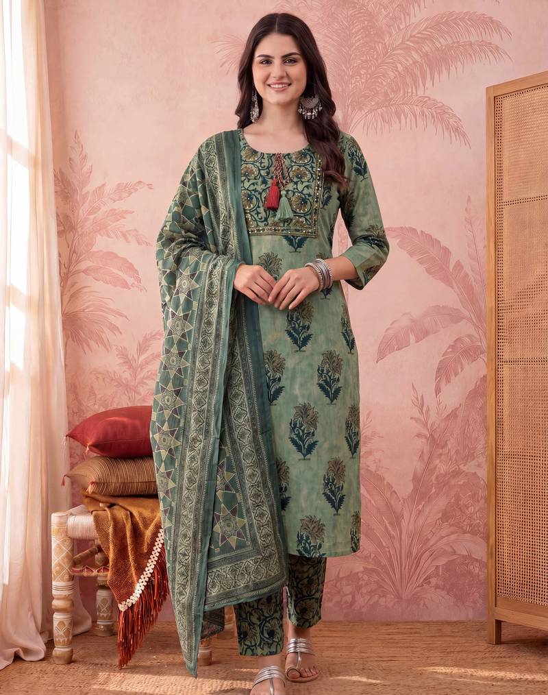green straight cotton floral sequins work kurta trouser dupatta set