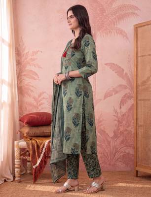green straight cotton floral sequins work kurta trouser dupatta set 2