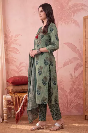 green straight cotton floral sequins work kurta trouser dupatta set