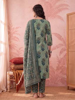 green straight cotton floral sequins work kurta trouser dupatta set 3