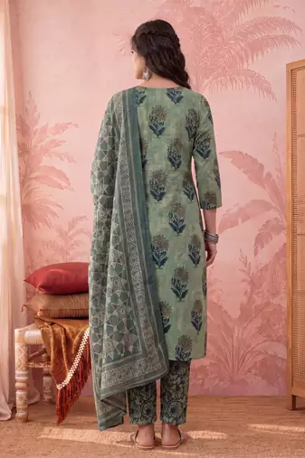 green straight cotton floral sequins work kurta trouser dupatta set