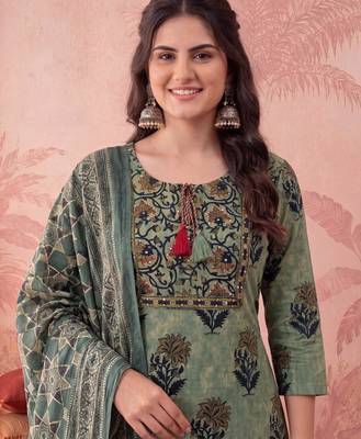 green straight cotton floral sequins work kurta trouser dupatta set 4