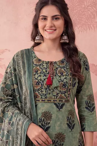 green straight cotton floral sequins work kurta trouser dupatta set