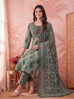 green straight cotton floral sequins work kurta trouser dupatta set 5