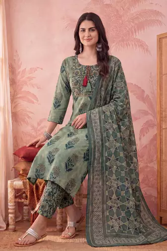 green straight cotton floral sequins work kurta trouser dupatta set