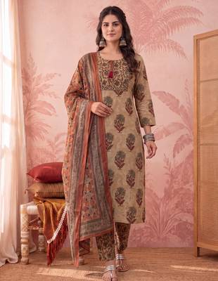 mustard straight cotton floral sequins work kurta trouser dupatta set 1