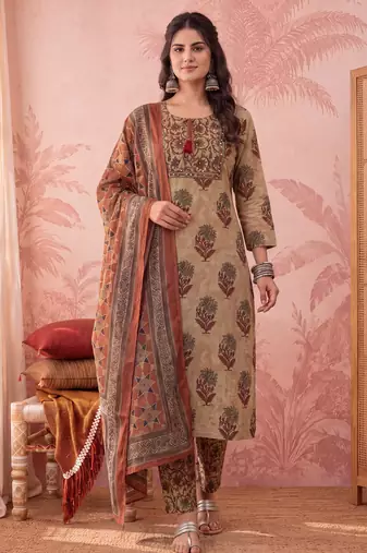 mustard straight cotton floral sequins work kurta trouser dupatta set