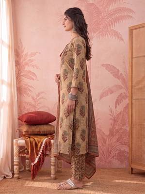 mustard straight cotton floral sequins work kurta trouser dupatta set 2
