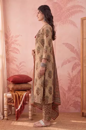 mustard straight cotton floral sequins work kurta trouser dupatta set