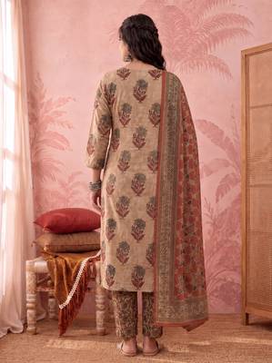 mustard straight cotton floral sequins work kurta trouser dupatta set 3