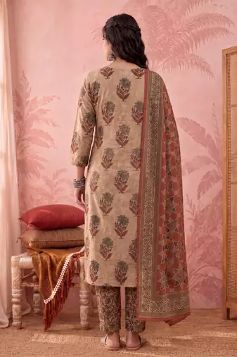 mustard straight cotton floral sequins work kurta trouser dupatta set
