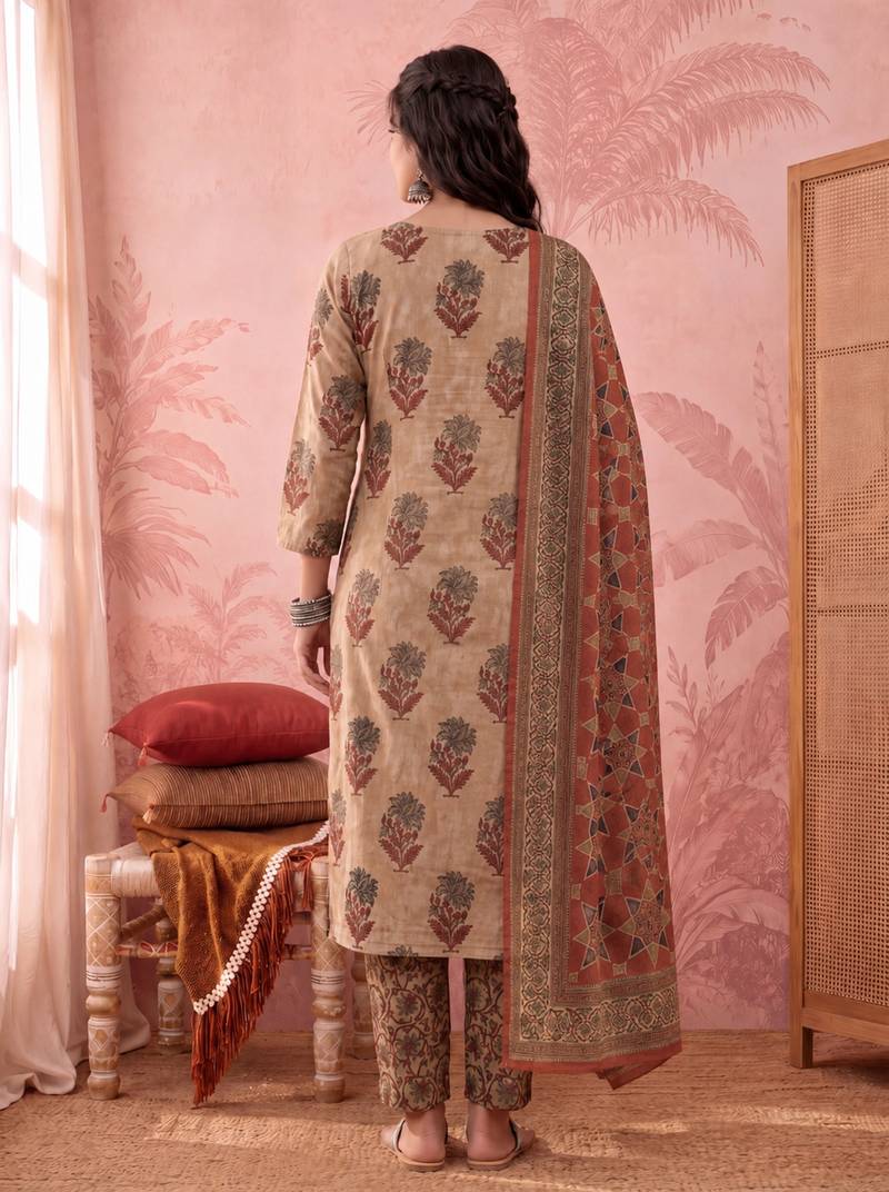 mustard straight cotton floral sequins work kurta trouser dupatta set
