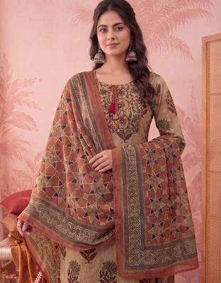 mustard straight cotton floral sequins work kurta trouser dupatta set 4