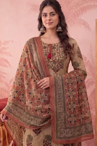 mustard straight cotton floral sequins work kurta trouser dupatta set