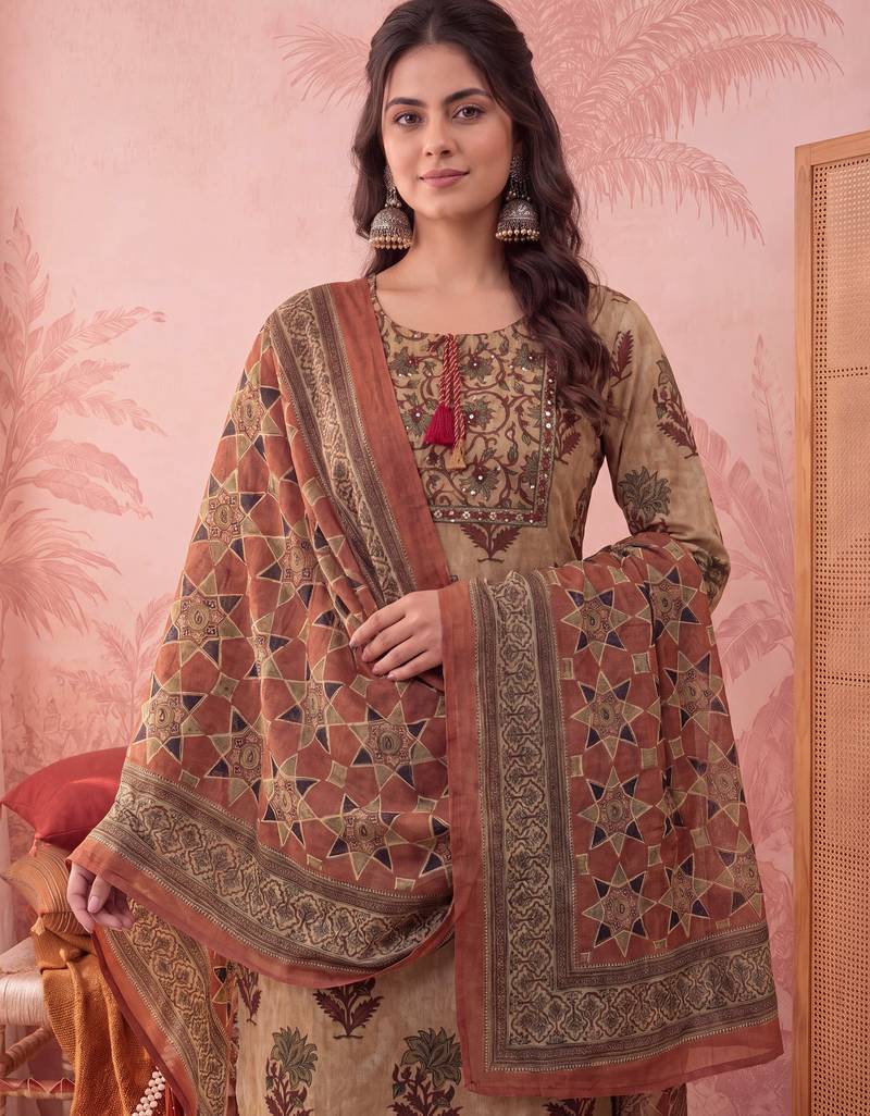 mustard straight cotton floral sequins work kurta trouser dupatta set