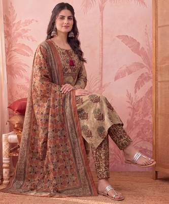 mustard straight cotton floral sequins work kurta trouser dupatta set 5