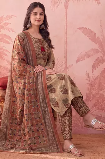 mustard straight cotton floral sequins work kurta trouser dupatta set