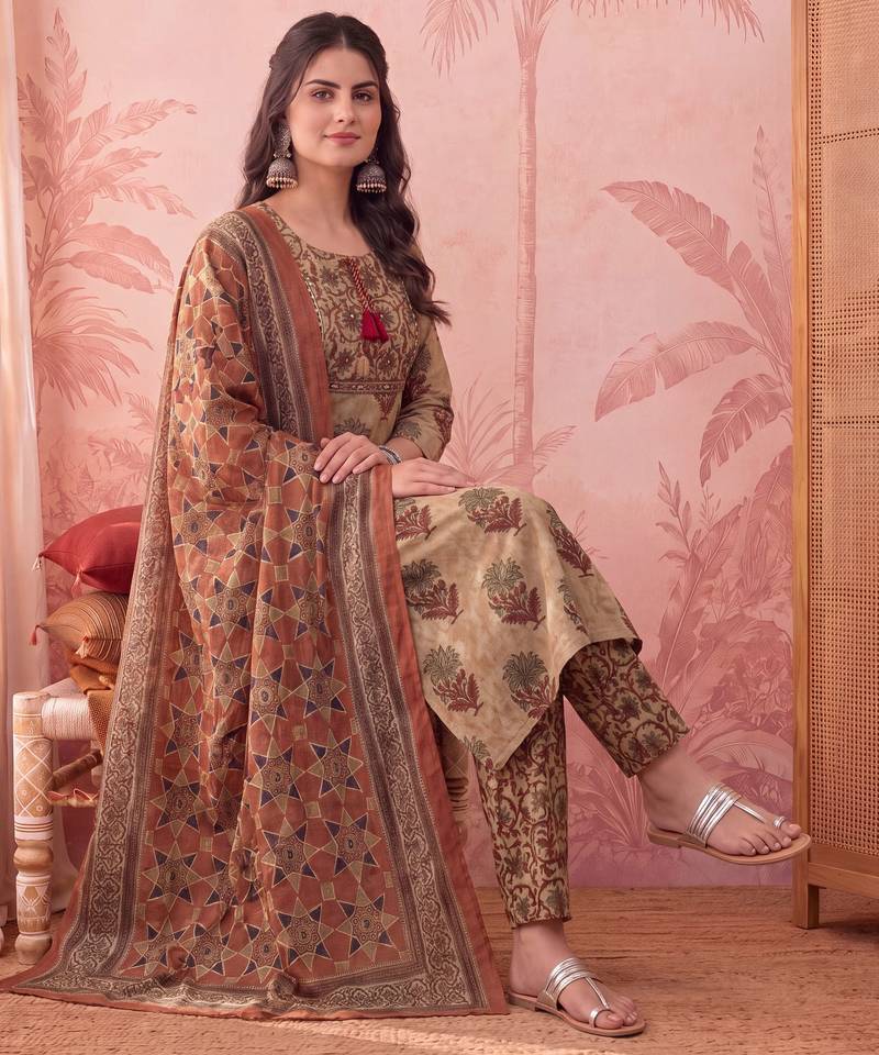 mustard straight cotton floral sequins work kurta trouser dupatta set