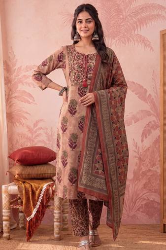 peach straight cotton floral sequins work kurta trouser dupatta set